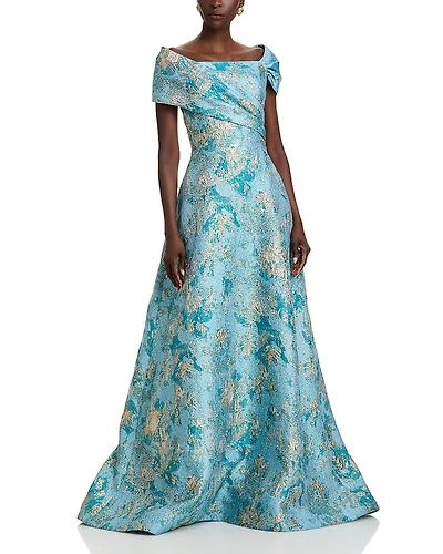 Teri Jon by Rickie Freeman Metallic Jacquard Asymmetrical Gown