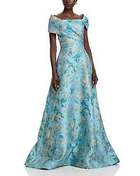 Teri Jon by Rickie Freeman Metallic Jacquard Asymmetrical Gown