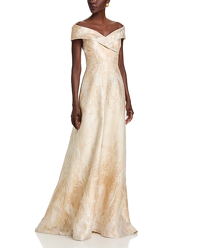 Teri Jon by Rickie Freeman Metallic Jacquard Off-the-Shoulder Gown