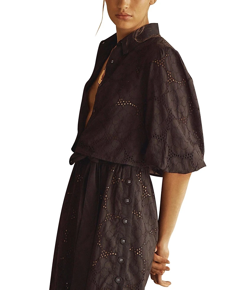 Aur OceA Ricamo Puff Sleeve Cropped Blouse