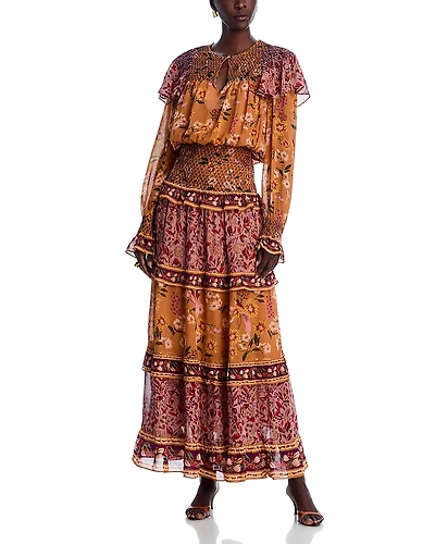 Farm Rio Smocked Long Sleeve Maxi Dress