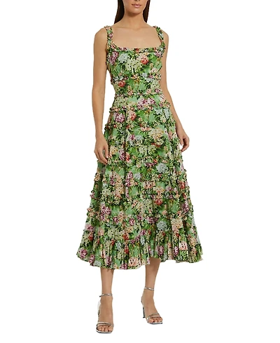 Mac Duggal Ruffle Floral Square Neck Midi Dress
