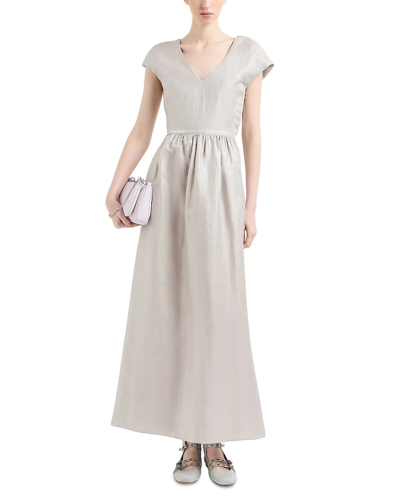 Emporio Armani Shiny Linen V Neck Cap Sleeve Maxi Dress