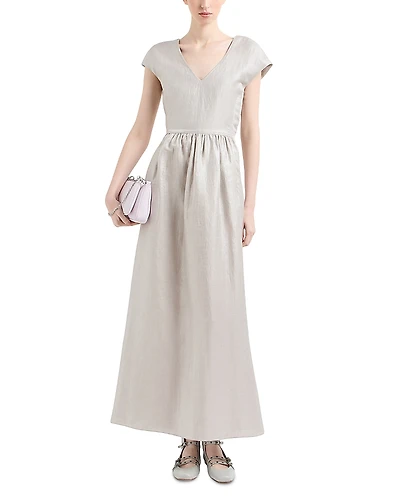 Emporio Armani Shiny Linen V Neck Cap Sleeve Maxi Dress