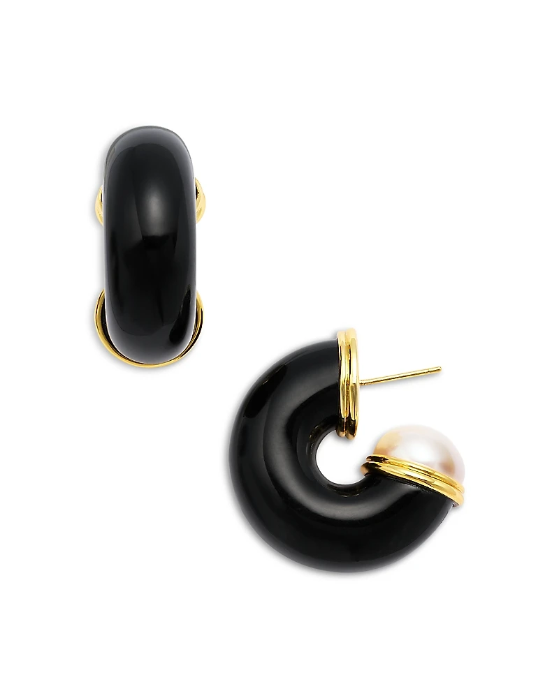 Kenneth Jay Lane Black & Glass Pearl Hoop Earrings