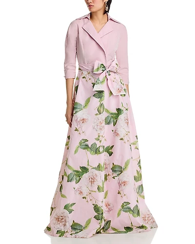 Teri Jon by Rickie Freeman Taffeta Floral Print Shirt Dress Gown