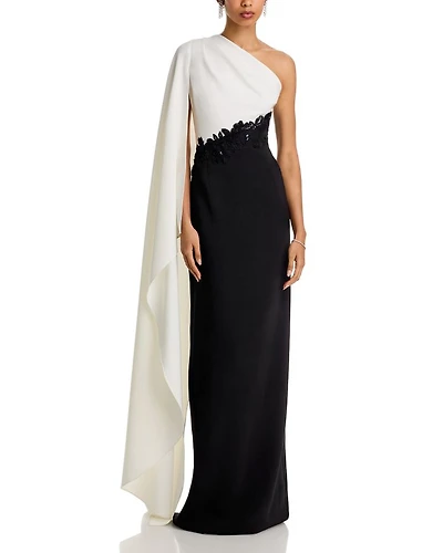 Crepe One Shoulder Drape Sleeve 3D Trim Gown