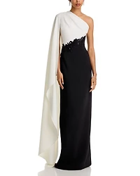 Crepe One Shoulder Drape Sleeve 3D Trim Gown