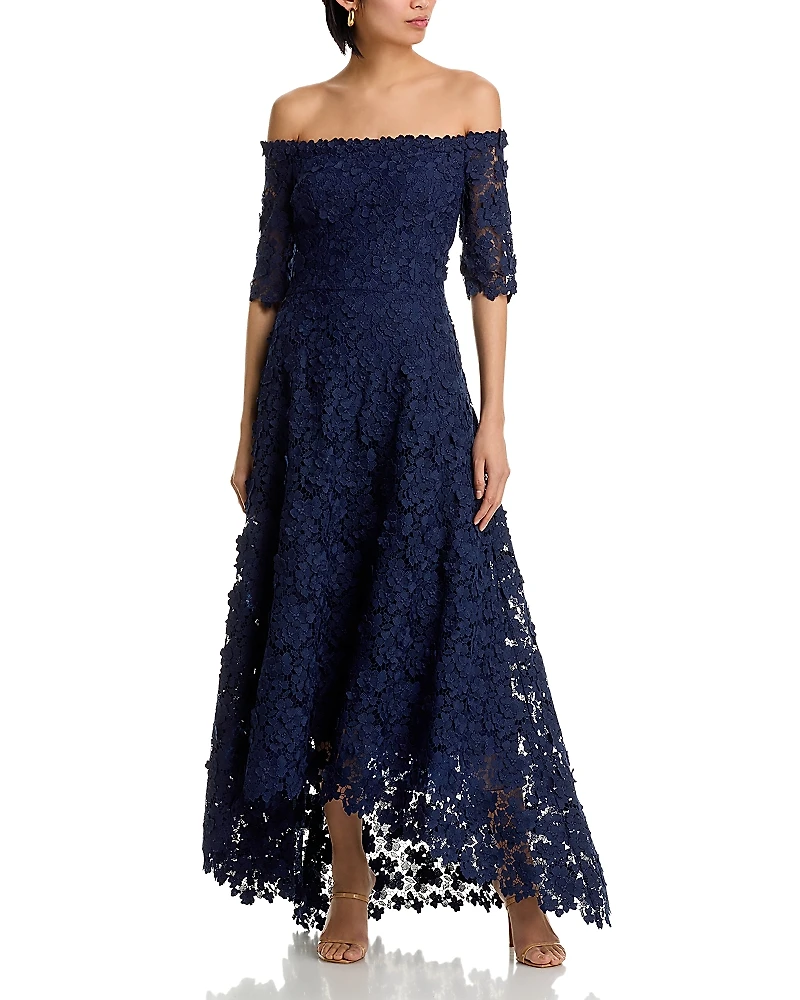 Teri Jon by Rickie Freeman 3D Flower Lace Off Shoulder High Low Gown