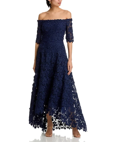 Teri Jon by Rickie Freeman 3D Flower Lace Off Shoulder High Low Gown