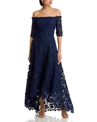 Teri Jon by Rickie Freeman 3D Flower Lace Off Shoulder High Low Gown