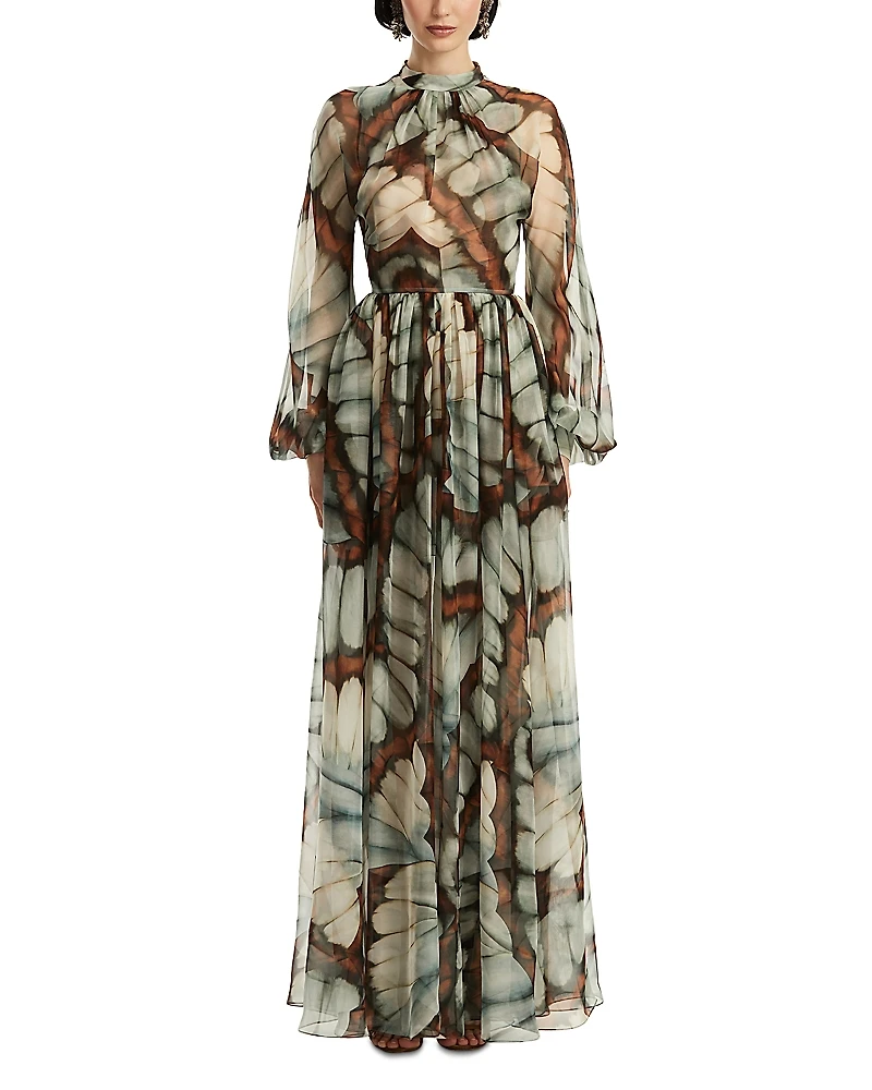 Oscar de la Renta Silk Long Sleeve Butterfly Chiffon Dress