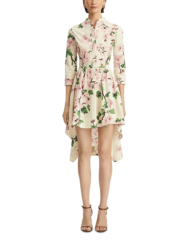 Oscar de la Renta Long Sleeve Asymmetrical Hem Cherry Blossom Poplin Dress