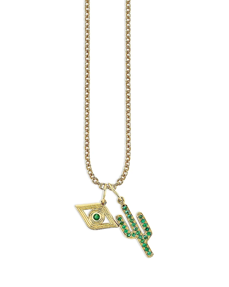 Sydney Evan 14K Yellow Gold Emerald Cactus & Evil Eye Pendant Necklace, 20-22