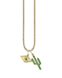 Sydney Evan 14K Yellow Gold Emerald Cactus & Evil Eye Pendant Necklace, 20-22