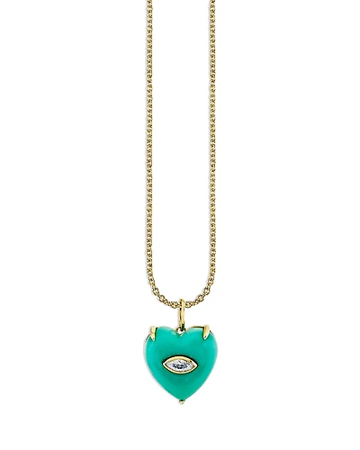 Sydney Evan 14K Yellow Gold Turquoise & Diamond Heart Pendant Necklace, 16-18