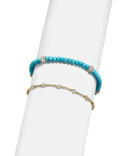 Marina Crystal & Turquoise Bead Ankle Bracelets in Gold Tone, Set of 2