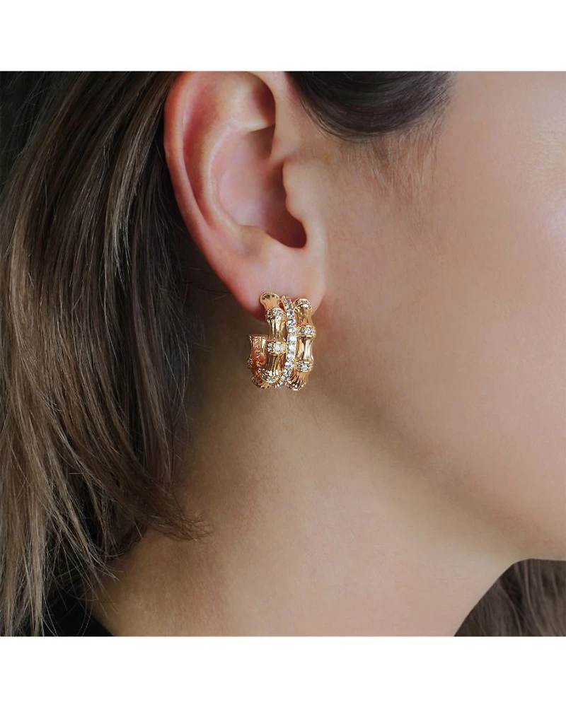 Pavé Bamboo Stacked Half Hoop Earrings in 18K Gold Plated