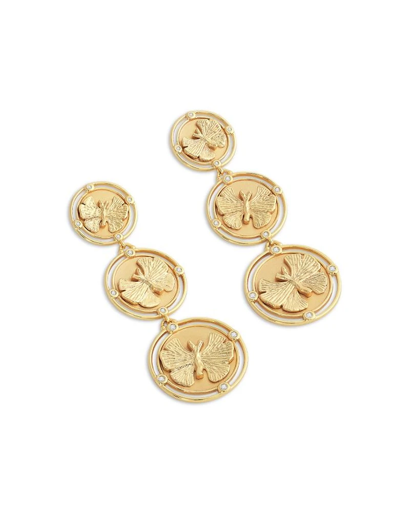 Pavé Butterfly Coin Triple Drop Earrings in 18K Gold Plated
