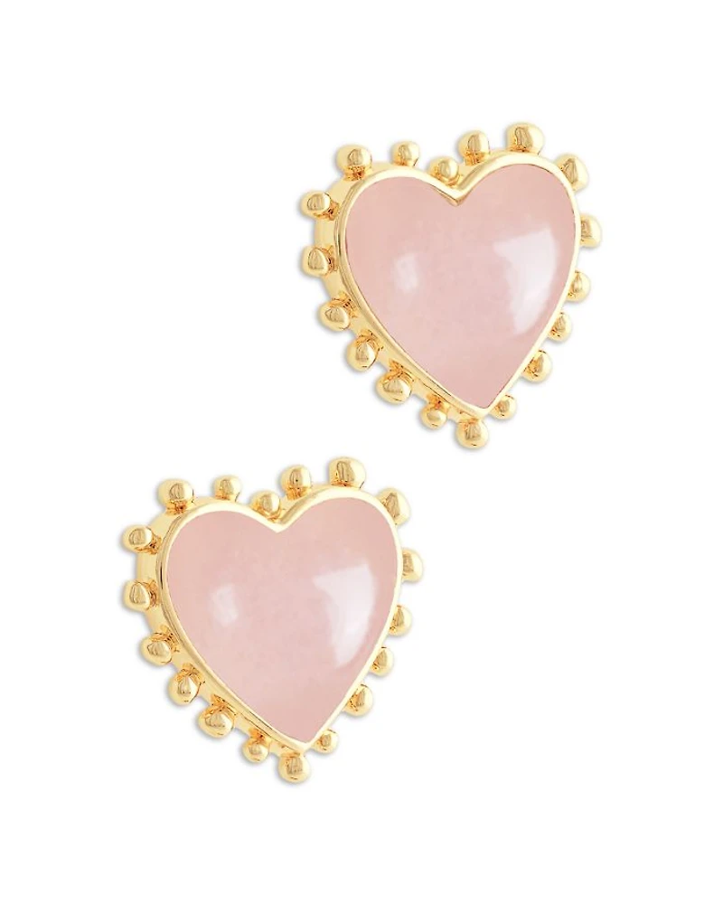 Heart Stone & 18K Yellow Gold Plated Stud Earrings, 0.5"L