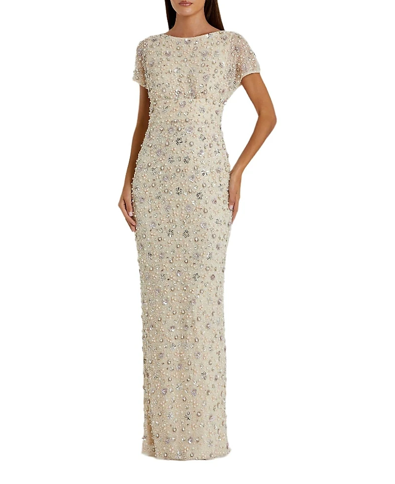 Mac Duggal Floral Embellished Mesh Fitted Blouson Gown