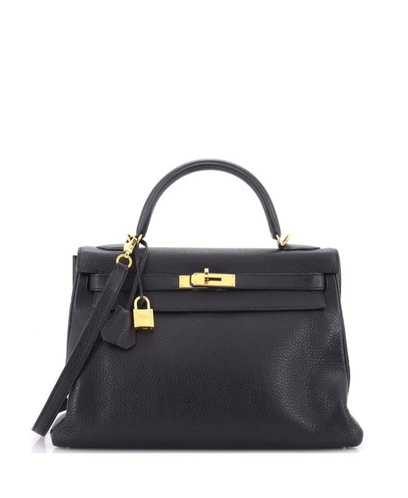 Kelly 32 Handbag Black Clemence with Gold Hardware