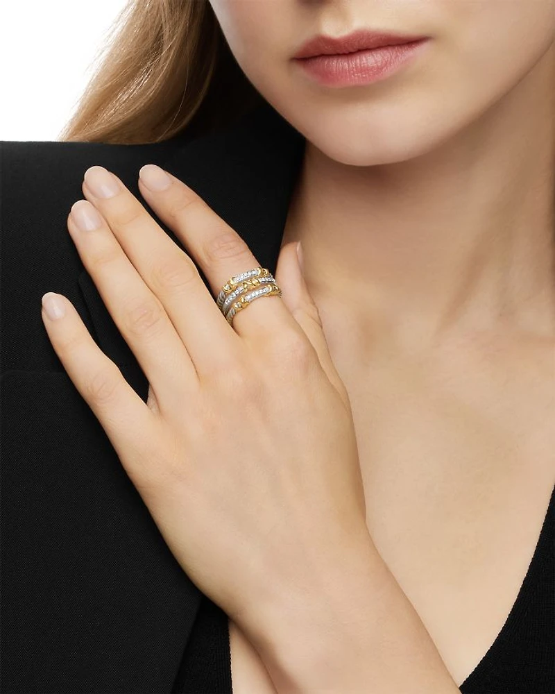 Petite Helena Wrap Three Row Ring Sterling Silver with 18K Yellow Gold and Diamonds, 12mm