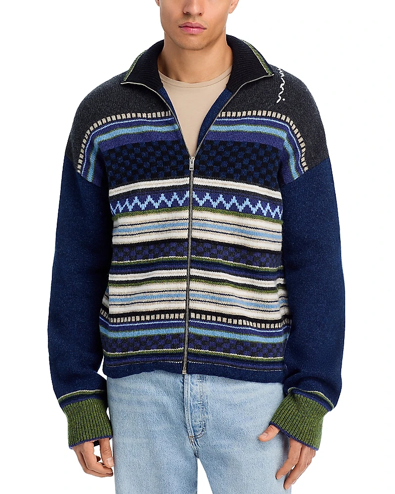 Marni Jacquard Regular Fit Zip Wool Cardigan