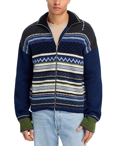 Marni Jacquard Regular Fit Zip Wool Cardigan