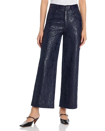 Embroidered Faux Leather High Rise Jeans Navy