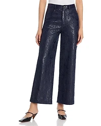 Embroidered Faux Leather High Rise Jeans Navy