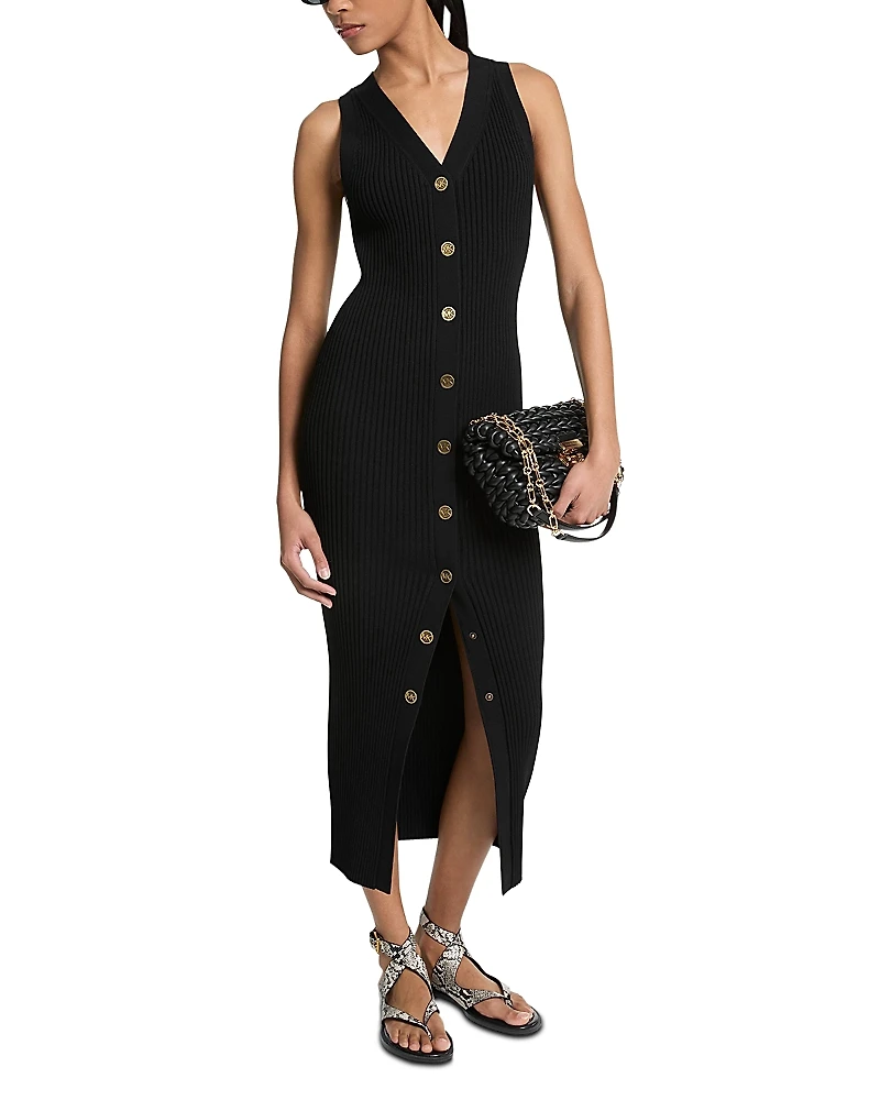 Michael Kors V Neck Snap Front Sleeveless Dress