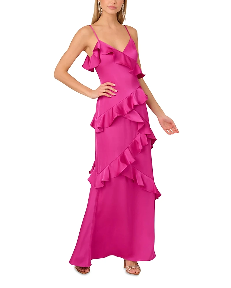 Adrianna By Papell Stretch Satin Ruffle Long Dress
