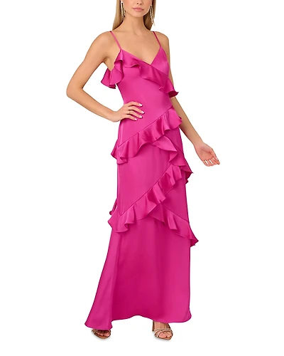 Adrianna By Papell Stretch Satin Ruffle Long Dress