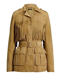 Fringe Trim Belted Goat Suede Jacket