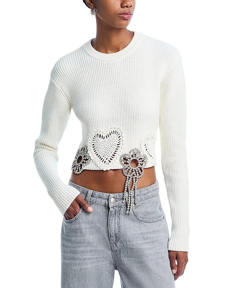 Area Crystal Crocheted Flower Cropped Sweater