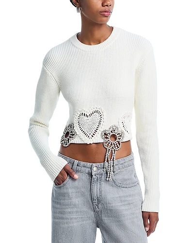 Area Crystal Crocheted Flower Cropped Sweater