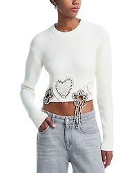 Area Crystal Crocheted Flower Cropped Sweater