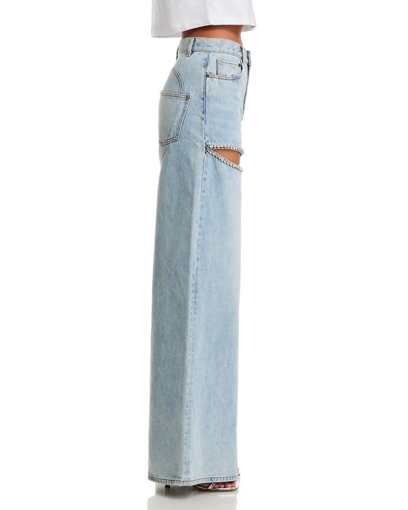 Wide Leg Crystal Slit Jeans Light Blue