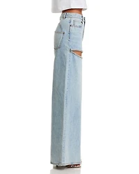 Wide Leg Crystal Slit Jeans Light Blue