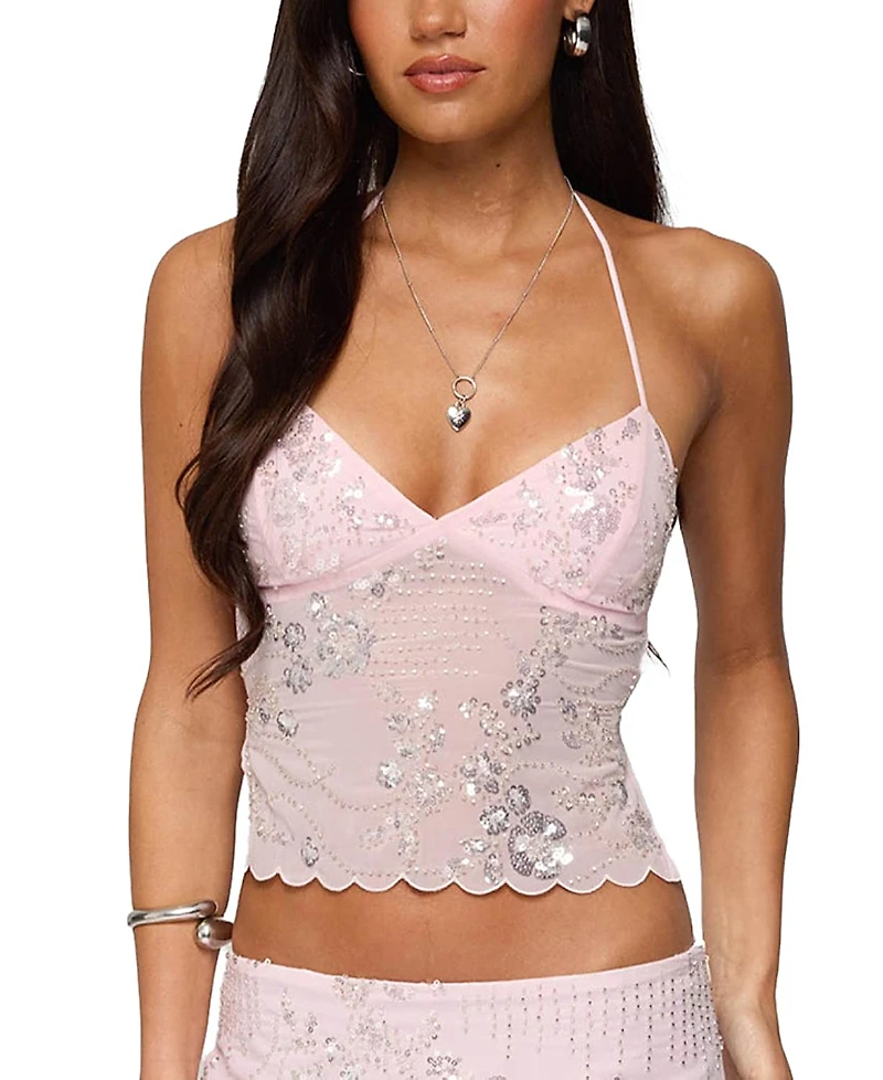 Edikted Nelley Backless Beaded Sequin Chiffon Top