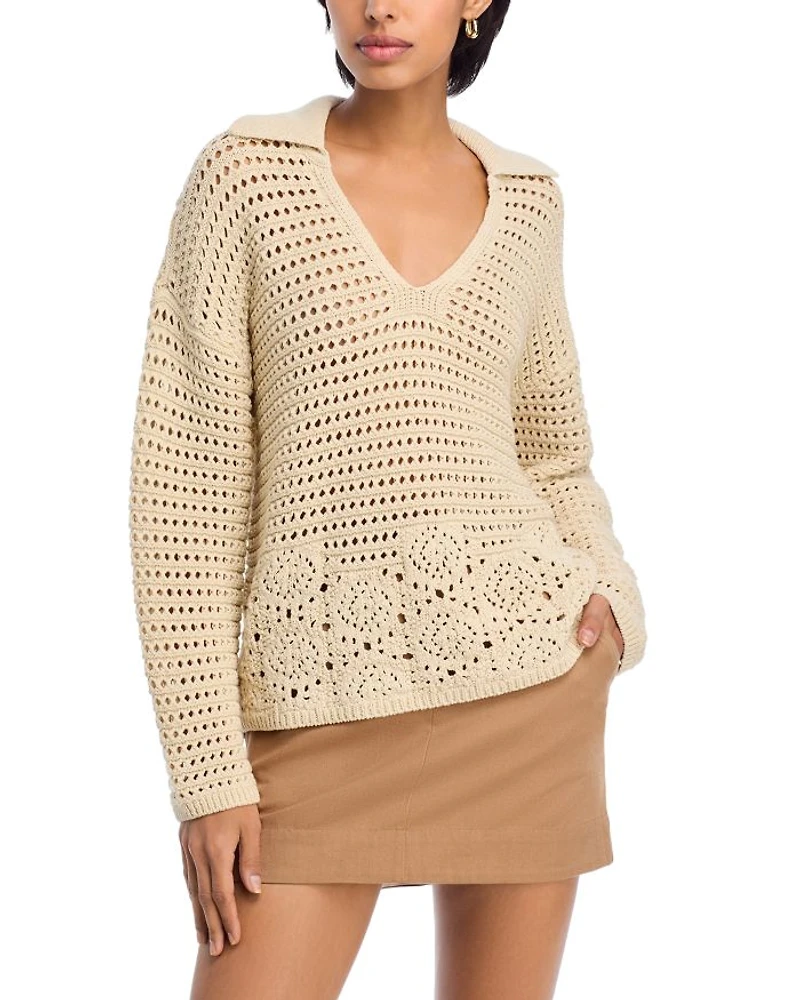 Crochet V Neck Polo Sweater - Exclusive