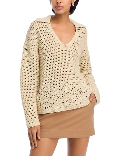 Crochet V Neck Polo Sweater - Exclusive
