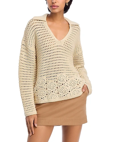 Aqua Crochet V Neck Polo Sweater - Exclusive