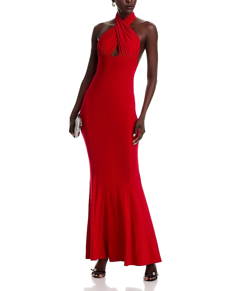 Norma Kamali Cross Halter Fishtail Gown