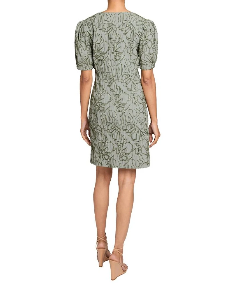 BIANCA A-Line Shift Dress with Puff Sleeves Abstract Stretch Cotton Cloque