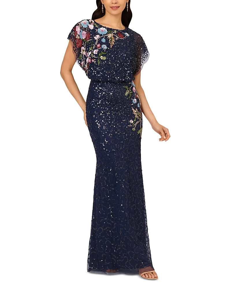 Adrianna Papell Beaded Mesh Mermaid Long Dress