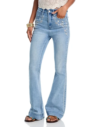 Aqua x Ava Phillippe Embroidery Stud Bell Bottom High Rise Jeans