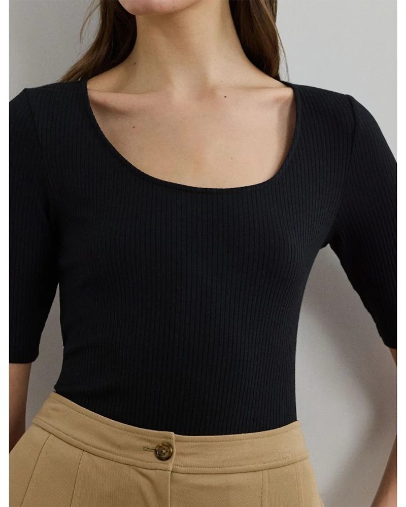Rib Knit Cotton Blend Elbow Sleeve Tee