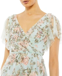 Embellished Floral Gown with Mesh Flutter Sleeves and Beaded Waist